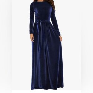 Women's Elegant Navy Blue Velvet Long Sleeve Maxi Dress